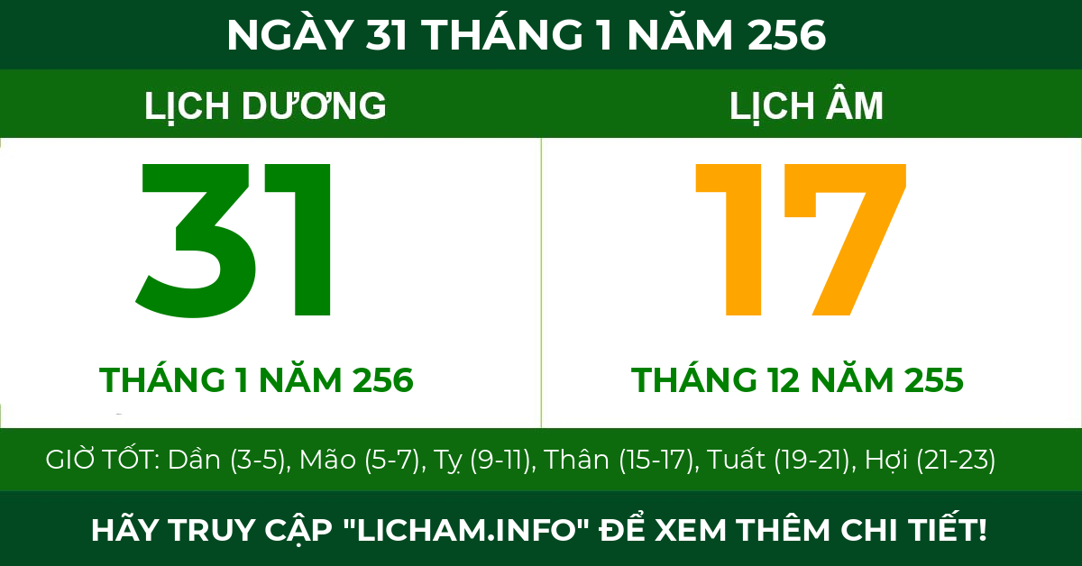 lịch âm ngày 31 tháng 1 năm 256