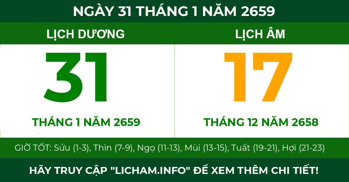 lịch âm ngày 31 tháng 1 năm 2659