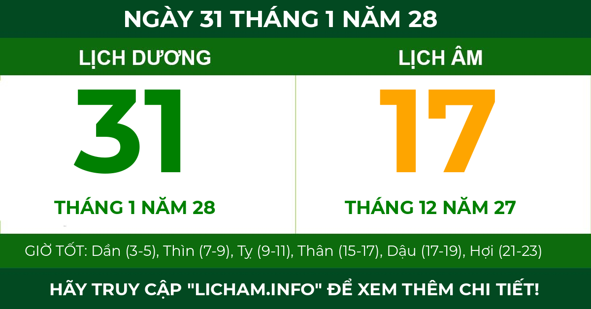 lịch âm ngày 31 tháng 1 năm 28