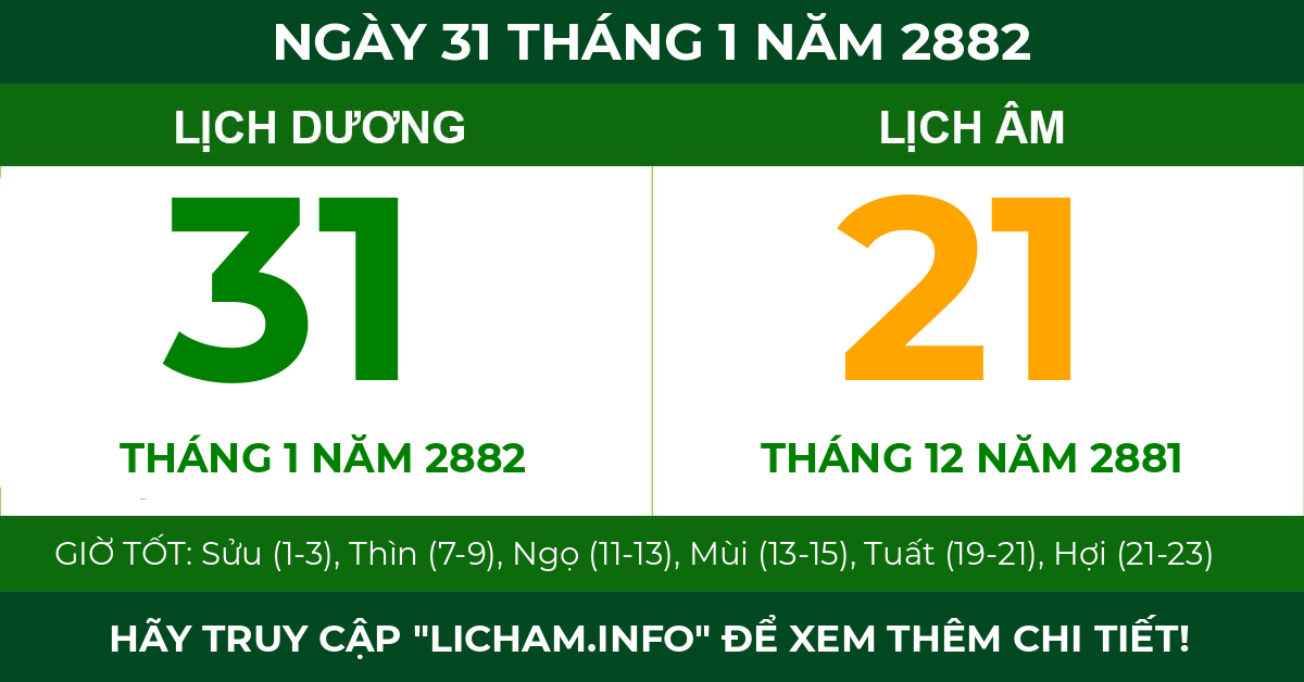 lịch âm ngày 31 tháng 1 năm 2882