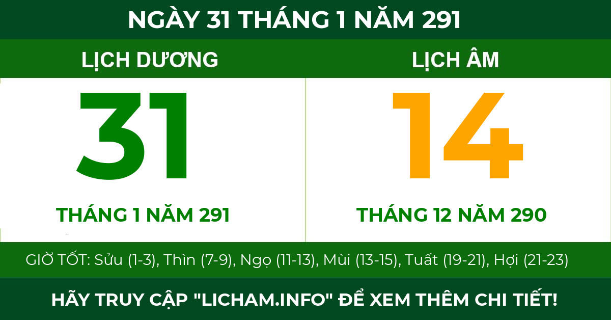 lịch âm ngày 31 tháng 1 năm 291