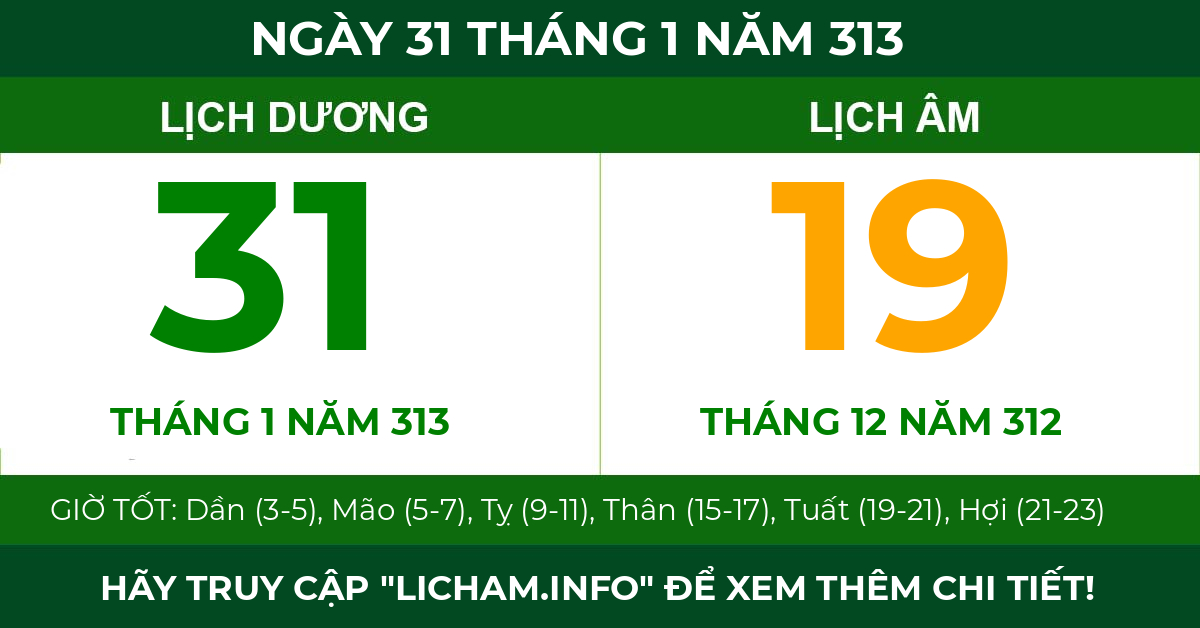 lịch âm ngày 31 tháng 1 năm 313