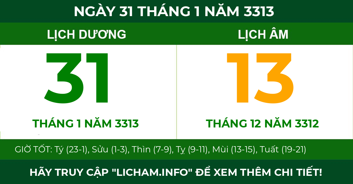 lịch âm ngày 31 tháng 1 năm 3313