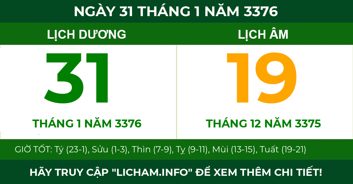 lịch âm ngày 31 tháng 1 năm 3376