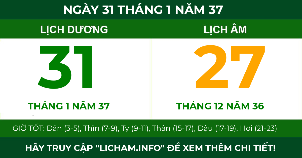 lịch âm ngày 31 tháng 1 năm 37