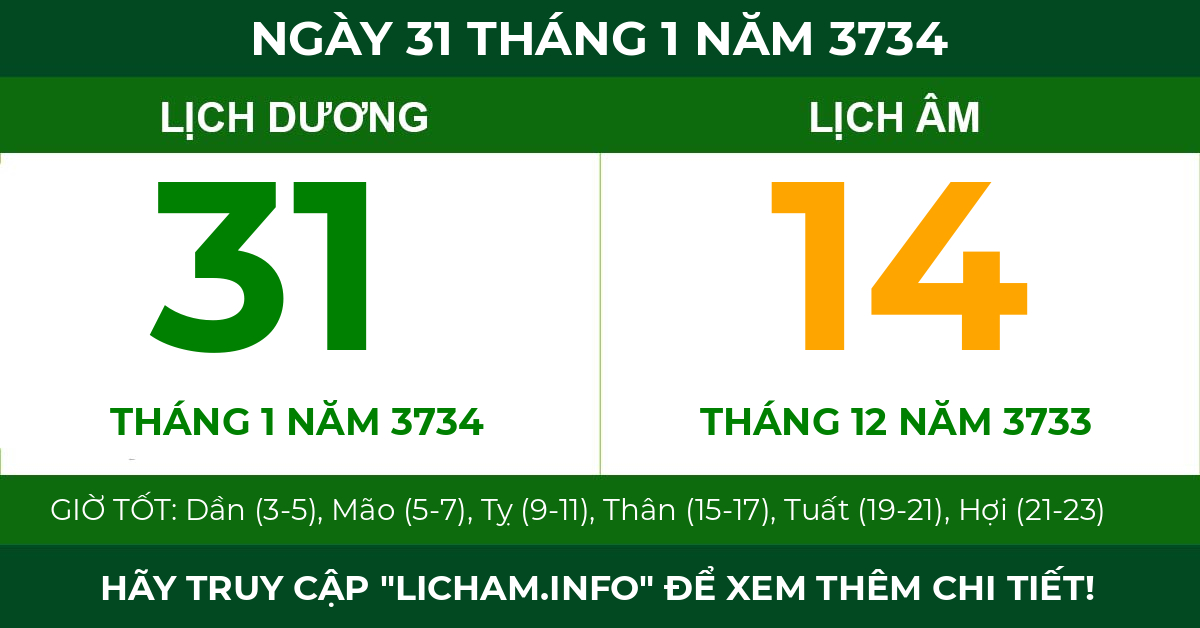 lịch âm ngày 31 tháng 1 năm 3734