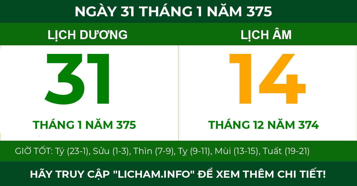lịch âm ngày 31 tháng 1 năm 375