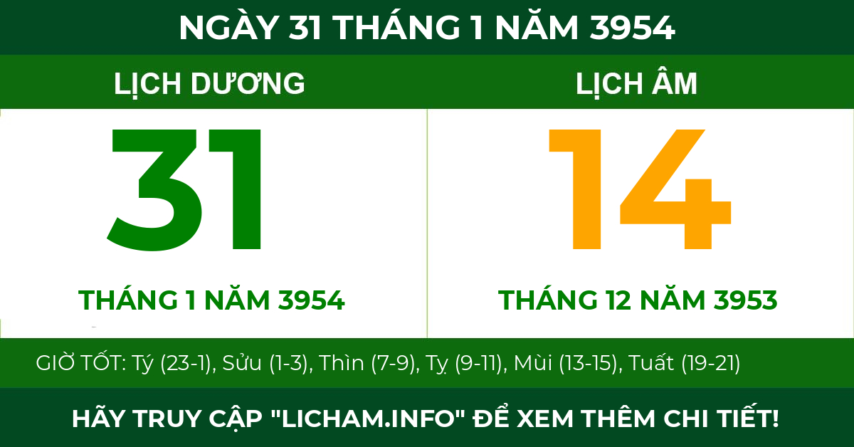 lịch âm ngày 31 tháng 1 năm 3954