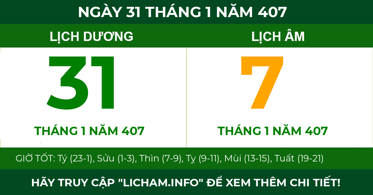 lịch âm ngày 31 tháng 1 năm 407