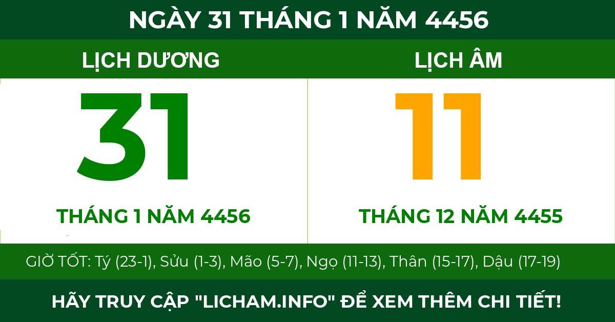 lịch âm ngày 31 tháng 1 năm 4456