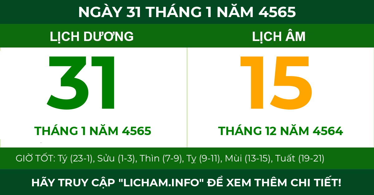 lịch âm ngày 31 tháng 1 năm 4565