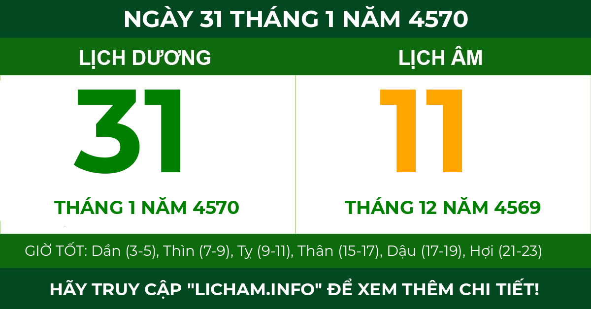 lịch âm ngày 31 tháng 1 năm 4570