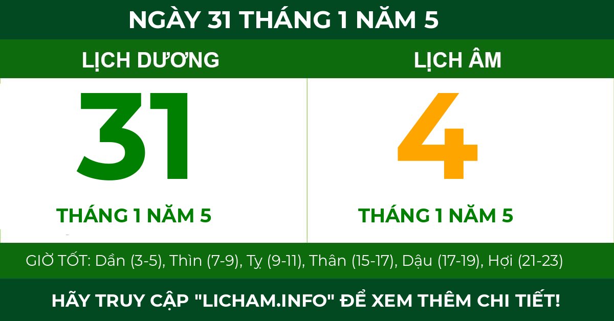 lịch âm ngày 31 tháng 1 năm 5