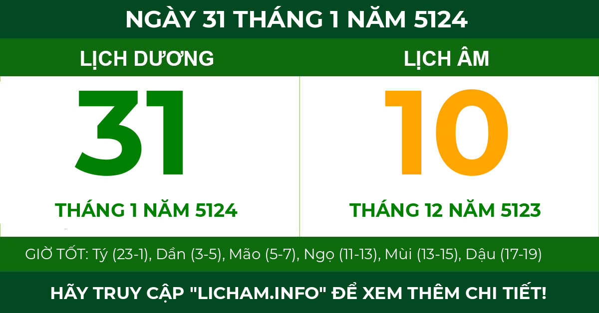 lịch âm ngày 31 tháng 1 năm 5124