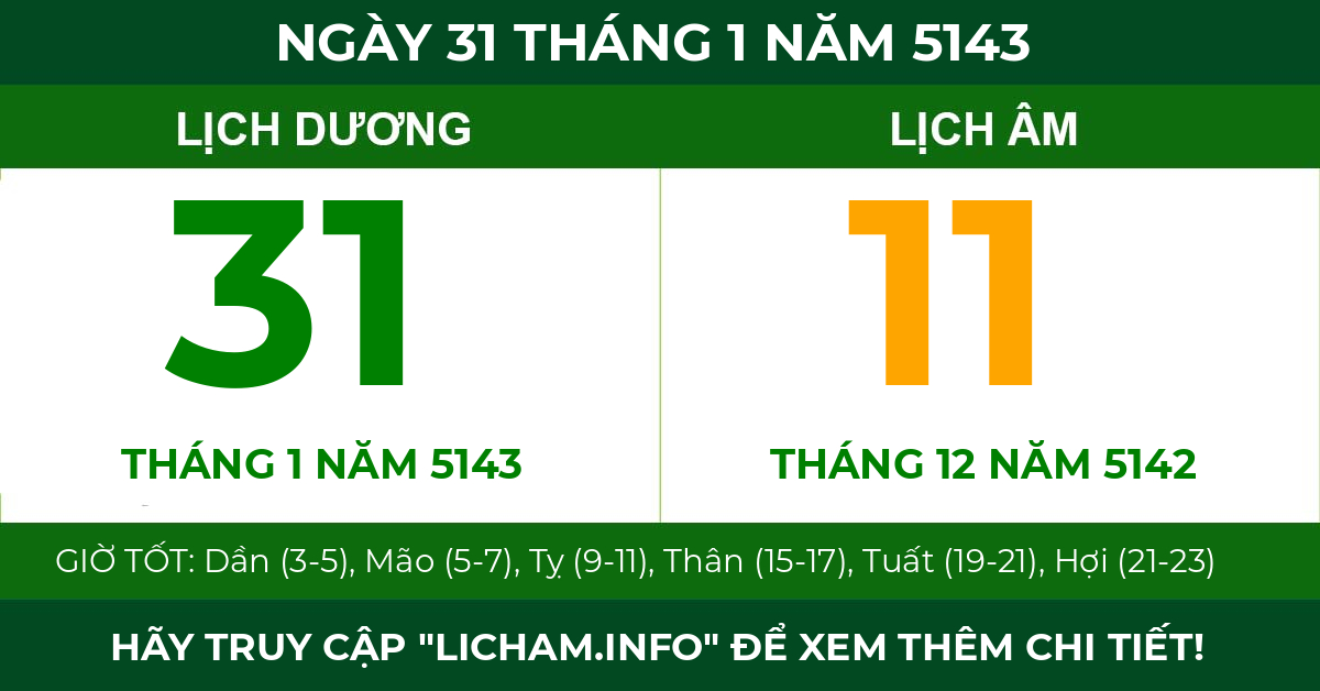 lịch âm ngày 31 tháng 1 năm 5143