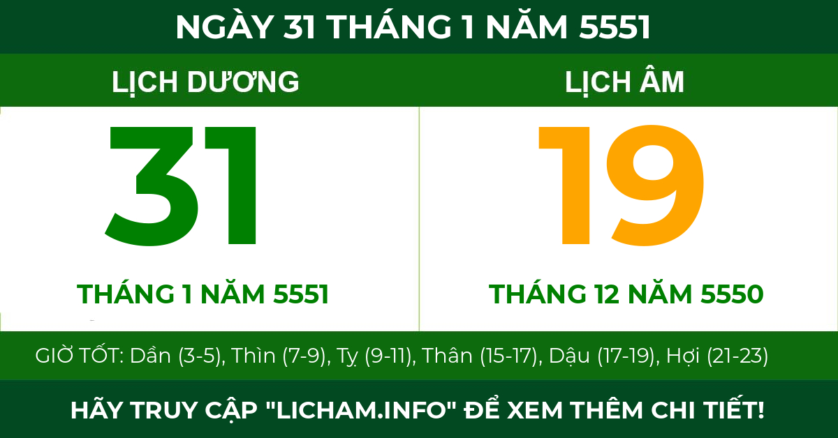 lịch âm ngày 31 tháng 1 năm 5551