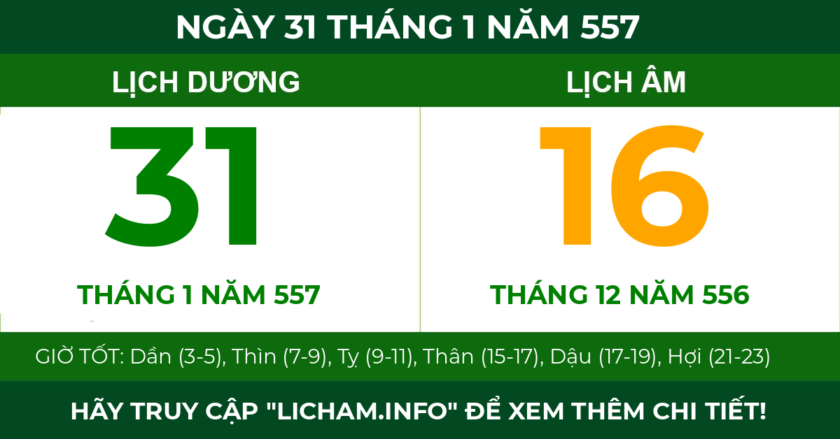 lịch âm ngày 31 tháng 1 năm 557