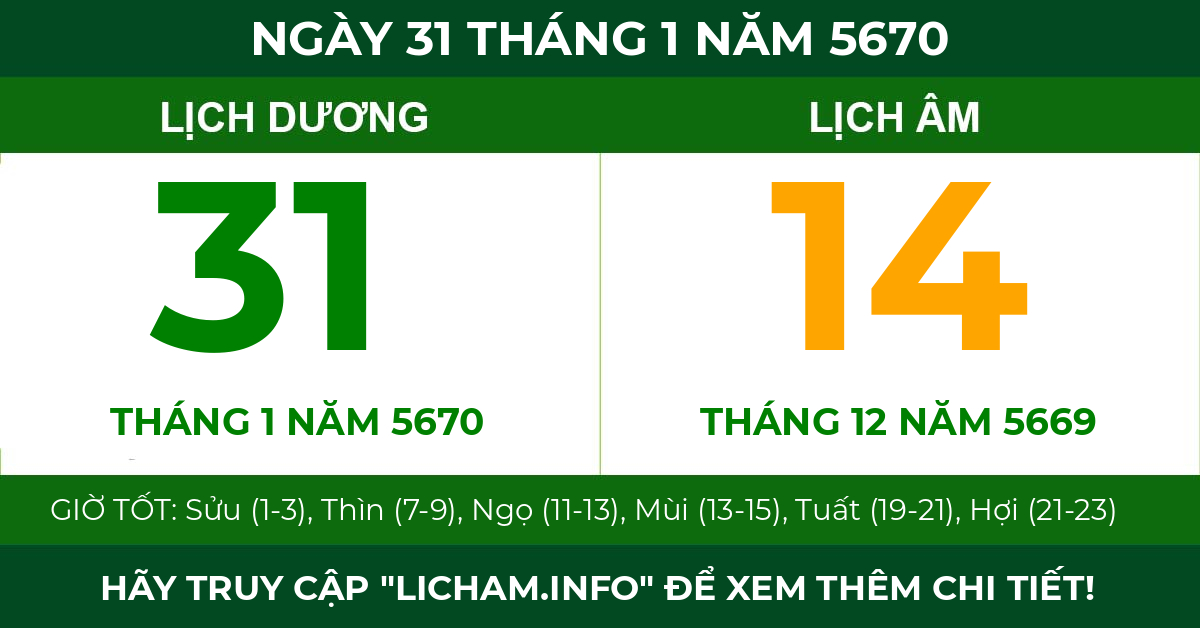 lịch âm ngày 31 tháng 1 năm 5670