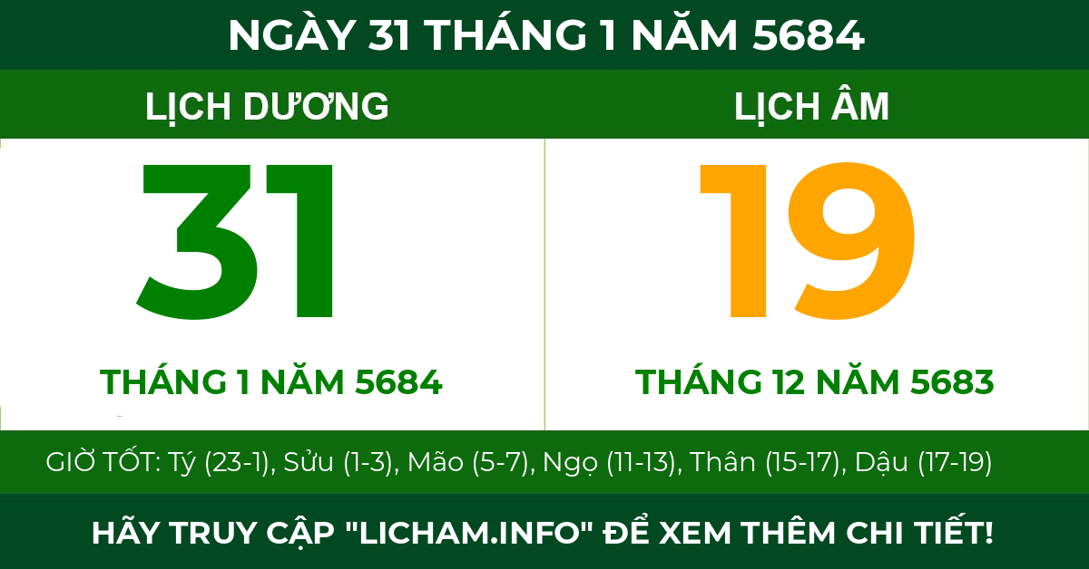 lịch âm ngày 31 tháng 1 năm 5684