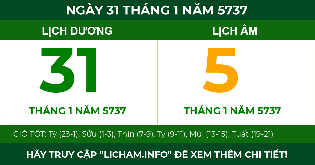 lịch âm ngày 31 tháng 1 năm 5737