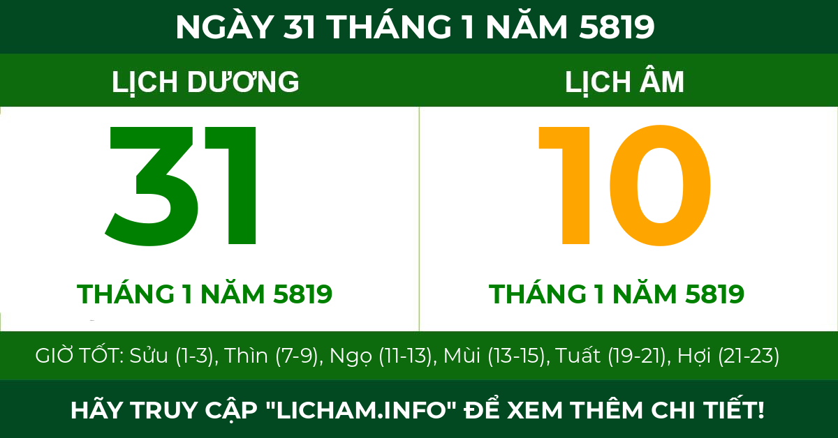 lịch âm ngày 31 tháng 1 năm 5819
