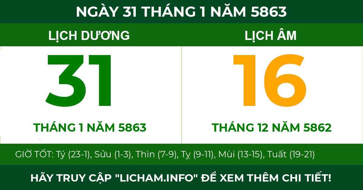 lịch âm ngày 31 tháng 1 năm 5863
