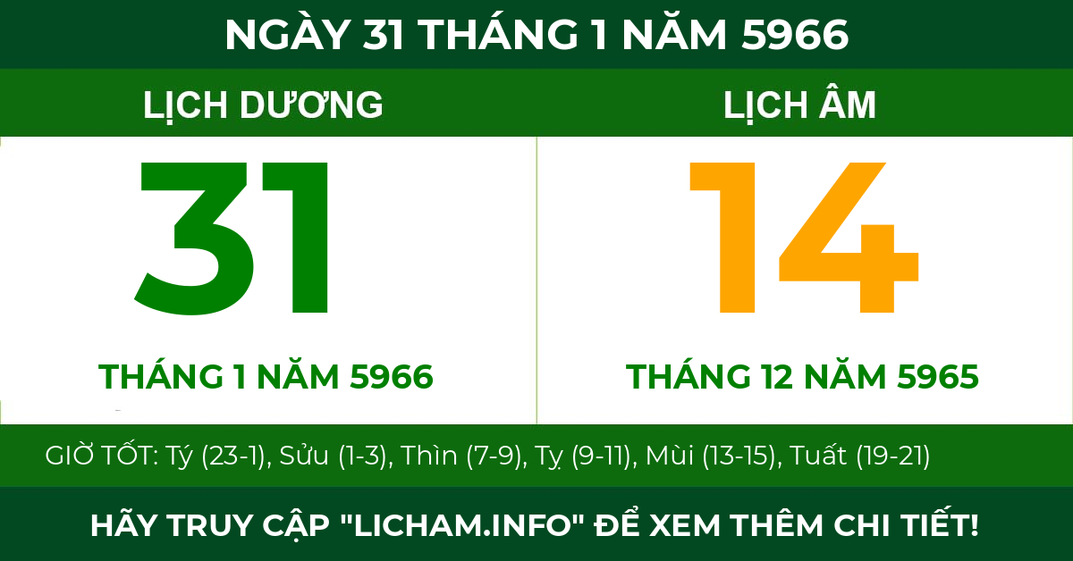 lịch âm ngày 31 tháng 1 năm 5966