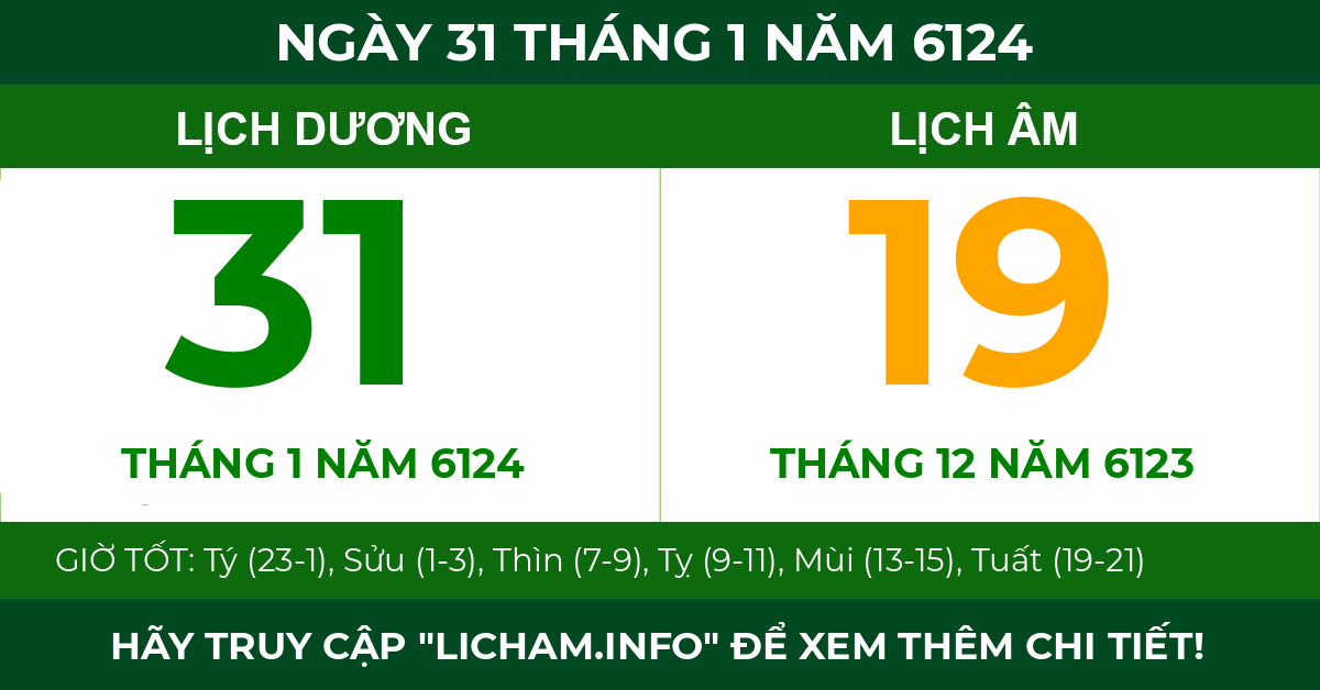 lịch âm ngày 31 tháng 1 năm 6124