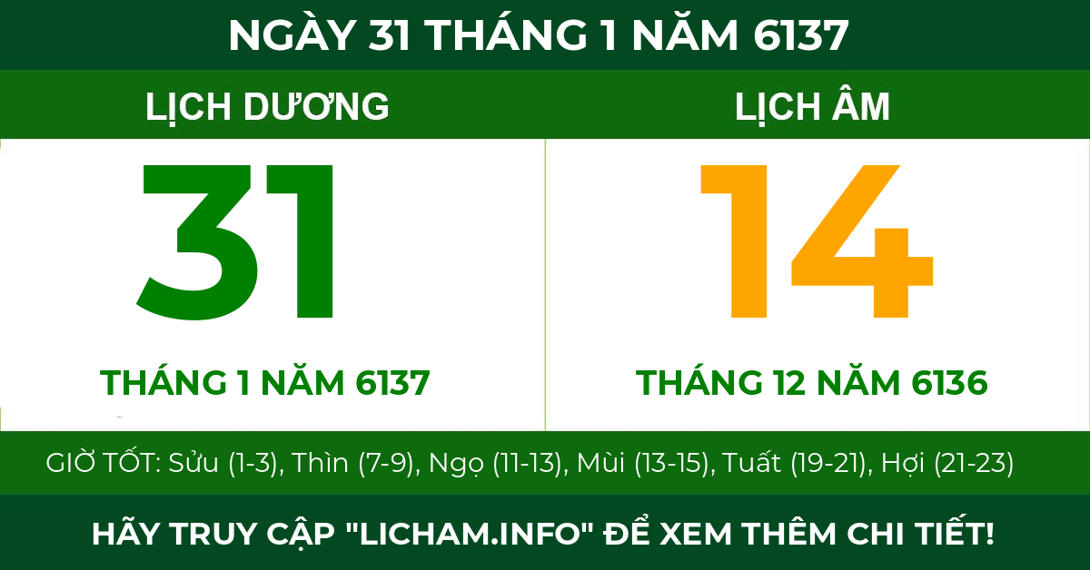 lịch âm ngày 31 tháng 1 năm 6137