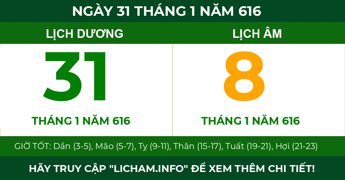 lịch âm ngày 31 tháng 1 năm 616