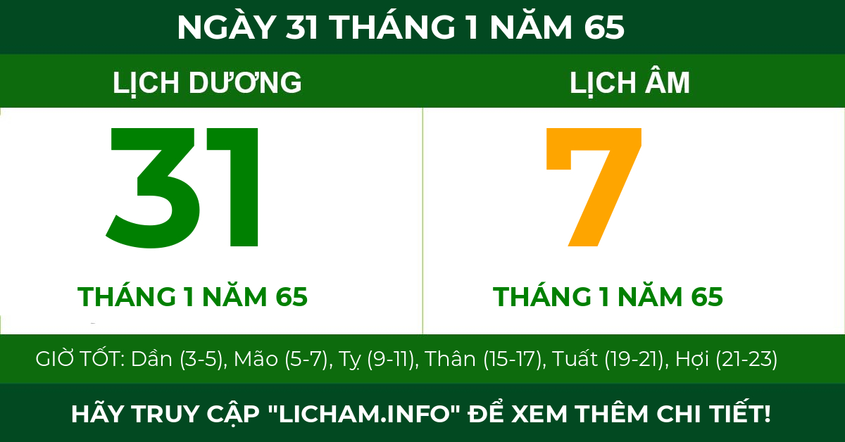 lịch âm ngày 31 tháng 1 năm 65