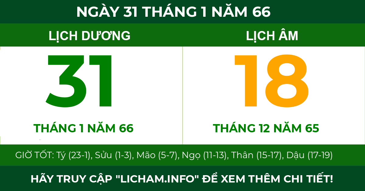 lịch âm ngày 31 tháng 1 năm 66