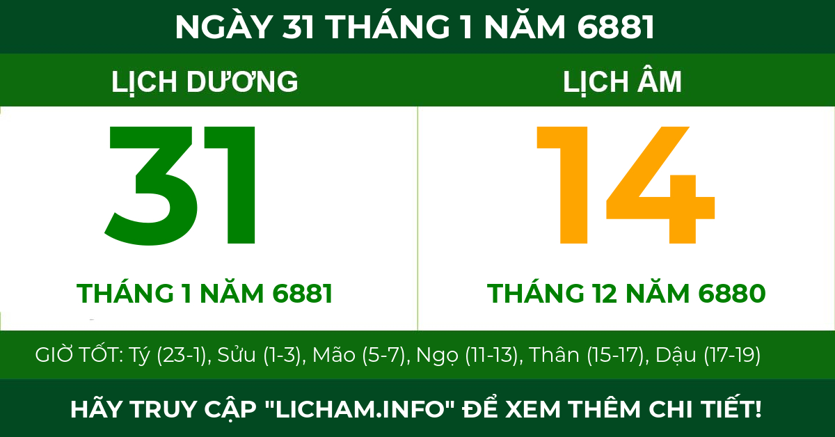 lịch âm ngày 31 tháng 1 năm 6881