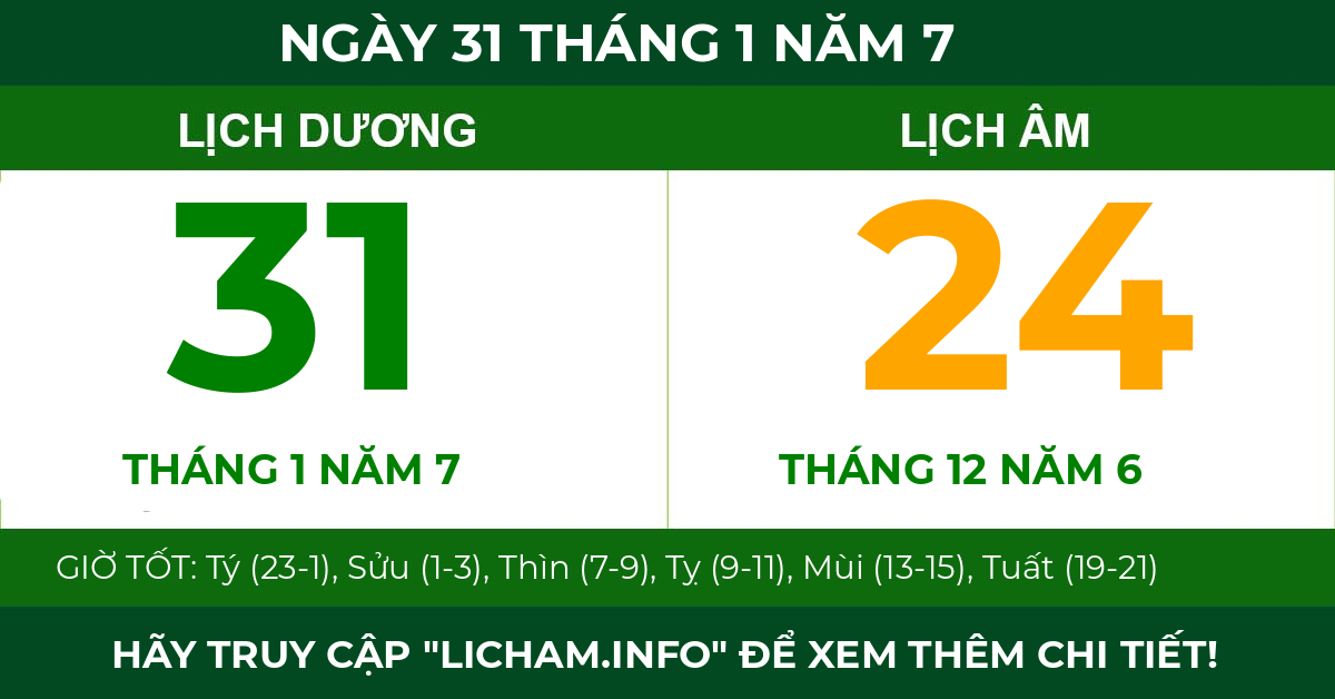 lịch âm ngày 31 tháng 1 năm 7