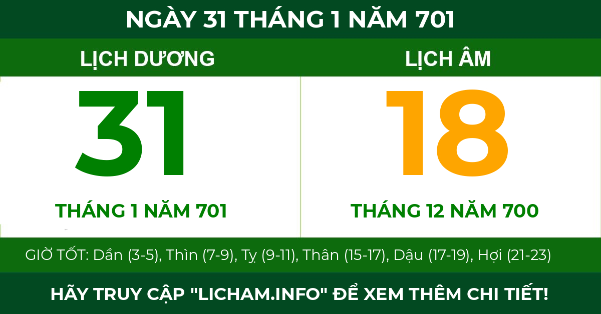 lịch âm ngày 31 tháng 1 năm 701