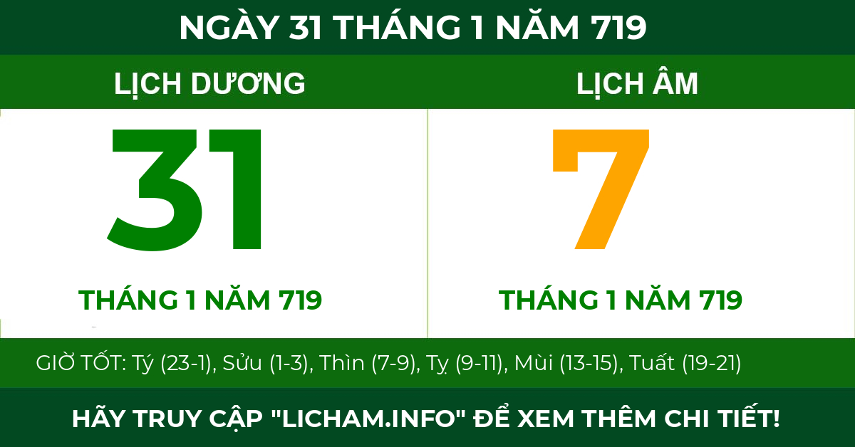 lịch âm ngày 31 tháng 1 năm 719
