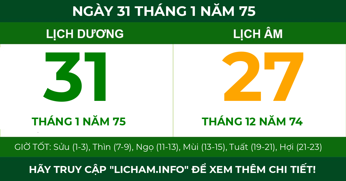 lịch âm ngày 31 tháng 1 năm 75