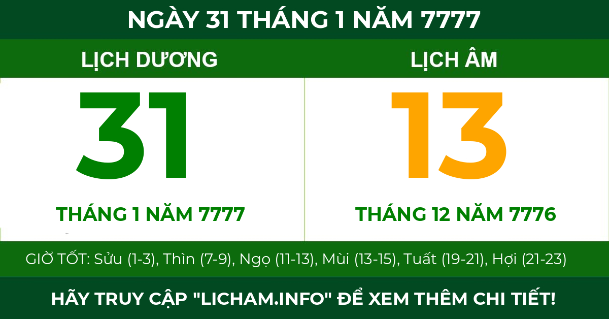 lịch âm ngày 31 tháng 1 năm 7777