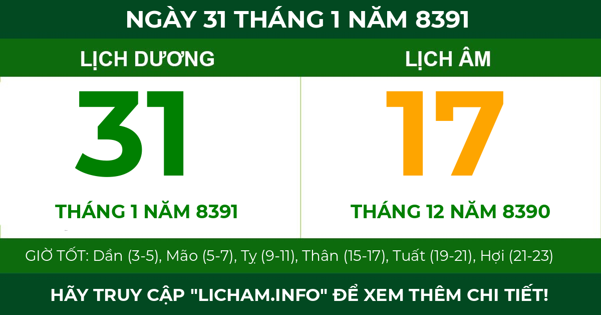 lịch âm ngày 31 tháng 1 năm 8391