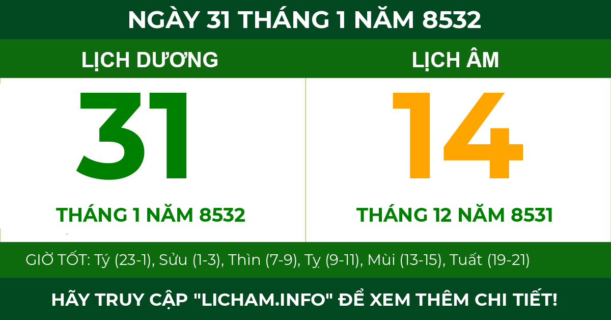 lịch âm ngày 31 tháng 1 năm 8532