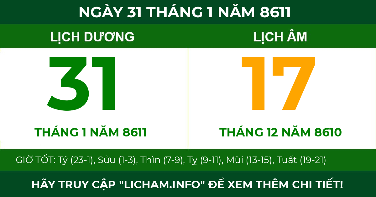 lịch âm ngày 31 tháng 1 năm 8611