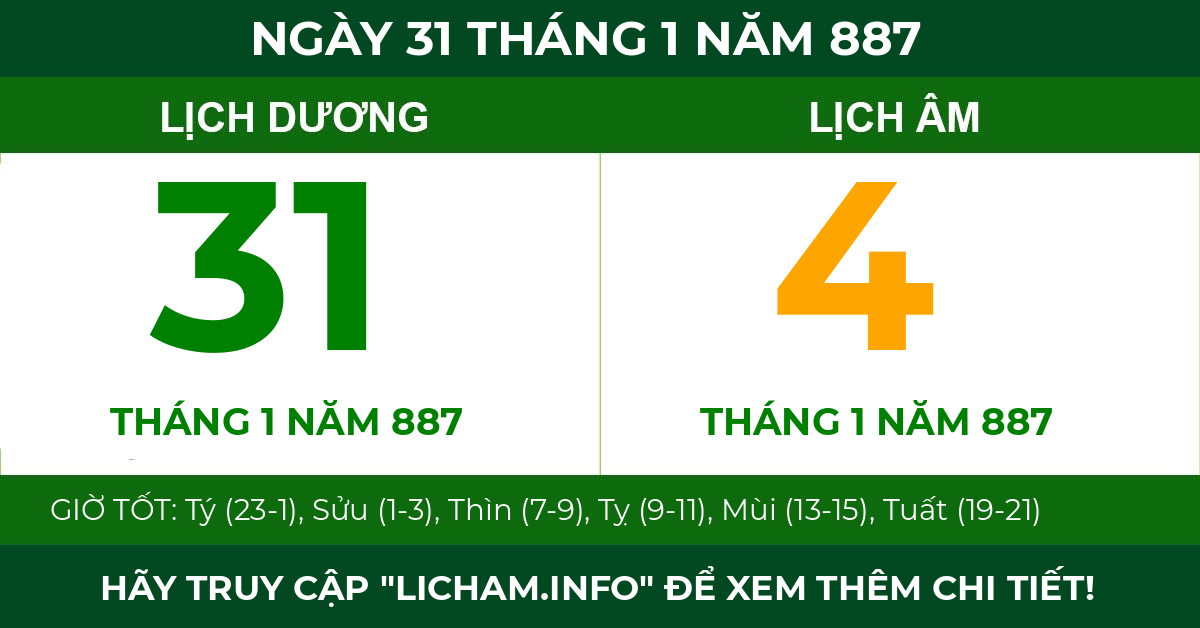 lịch âm ngày 31 tháng 1 năm 887