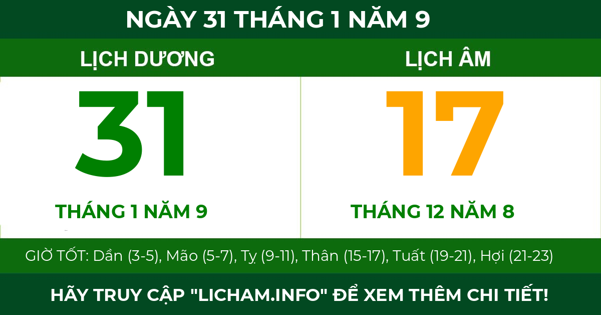 lịch âm ngày 31 tháng 1 năm 9
