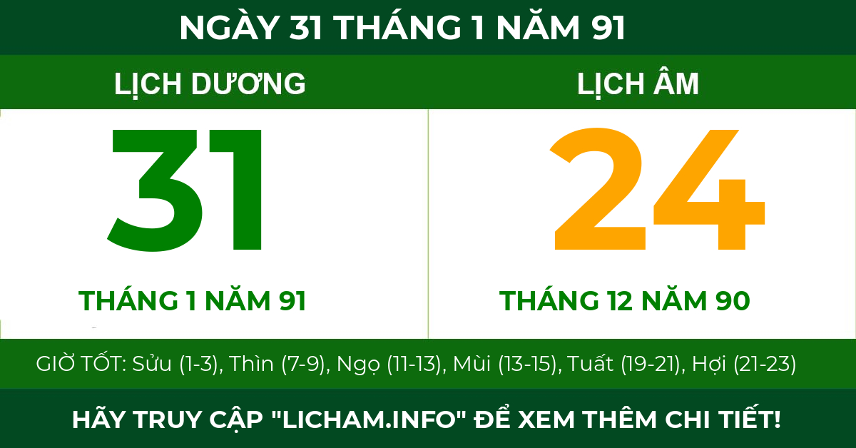 lịch âm ngày 31 tháng 1 năm 91