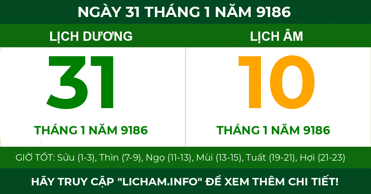 lịch âm ngày 31 tháng 1 năm 9186