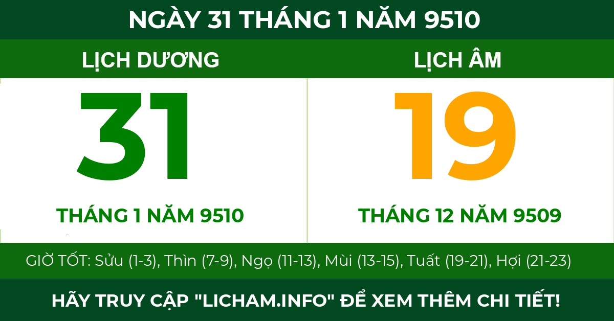 lịch âm ngày 31 tháng 1 năm 9510
