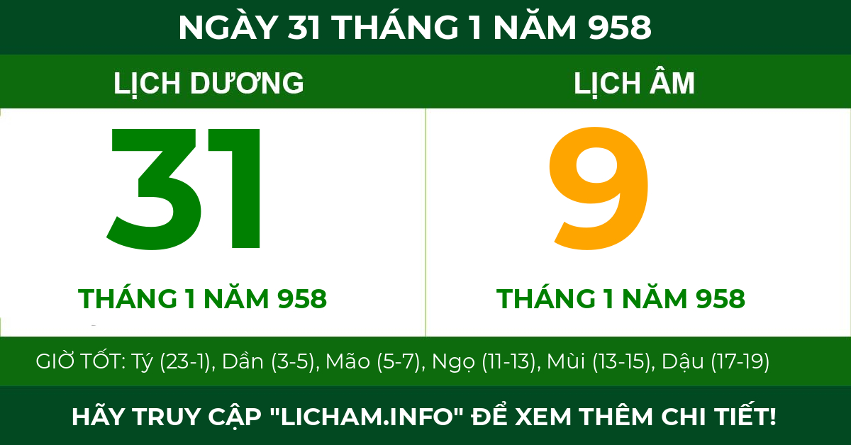 lịch âm ngày 31 tháng 1 năm 958