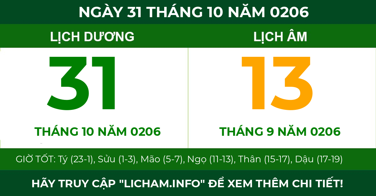 lịch âm ngày 31 tháng 10 năm 0206