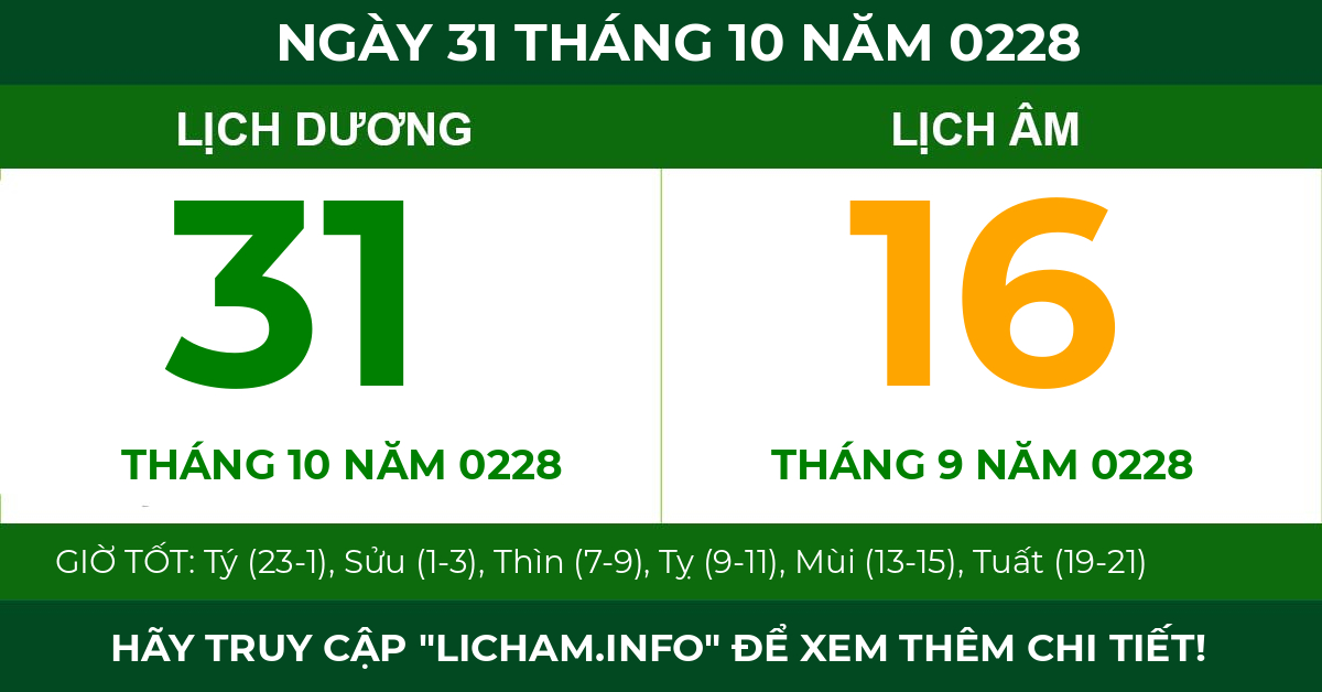 lịch âm ngày 31 tháng 10 năm 0228