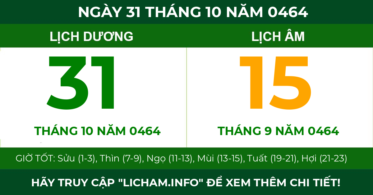 lịch âm ngày 31 tháng 10 năm 0464